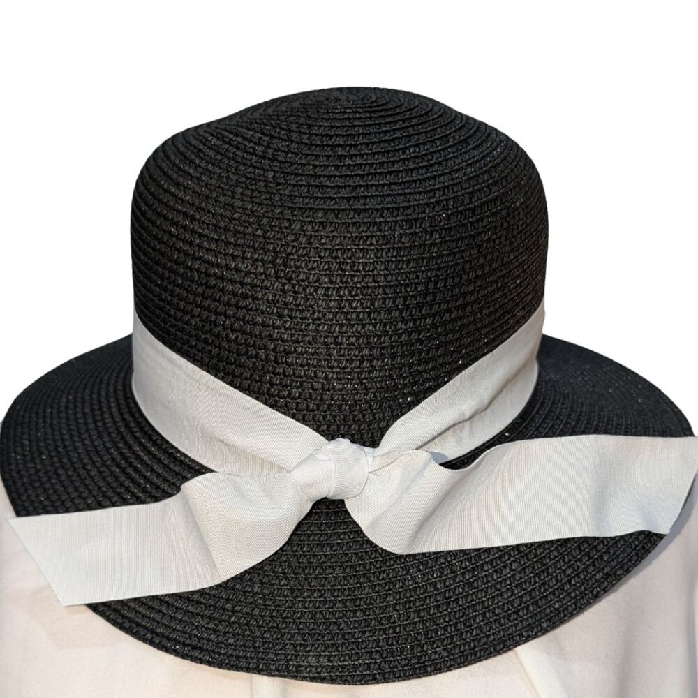 Bruno Magli 100% Paper Straw Wide-Brim Hat with White Bow with Tags